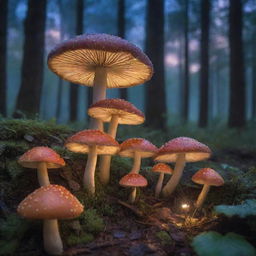 An enchanting forest at twilight, filled with luminous, multi-hued mushrooms and glistening dew on the leaves, under a star-filled sky.