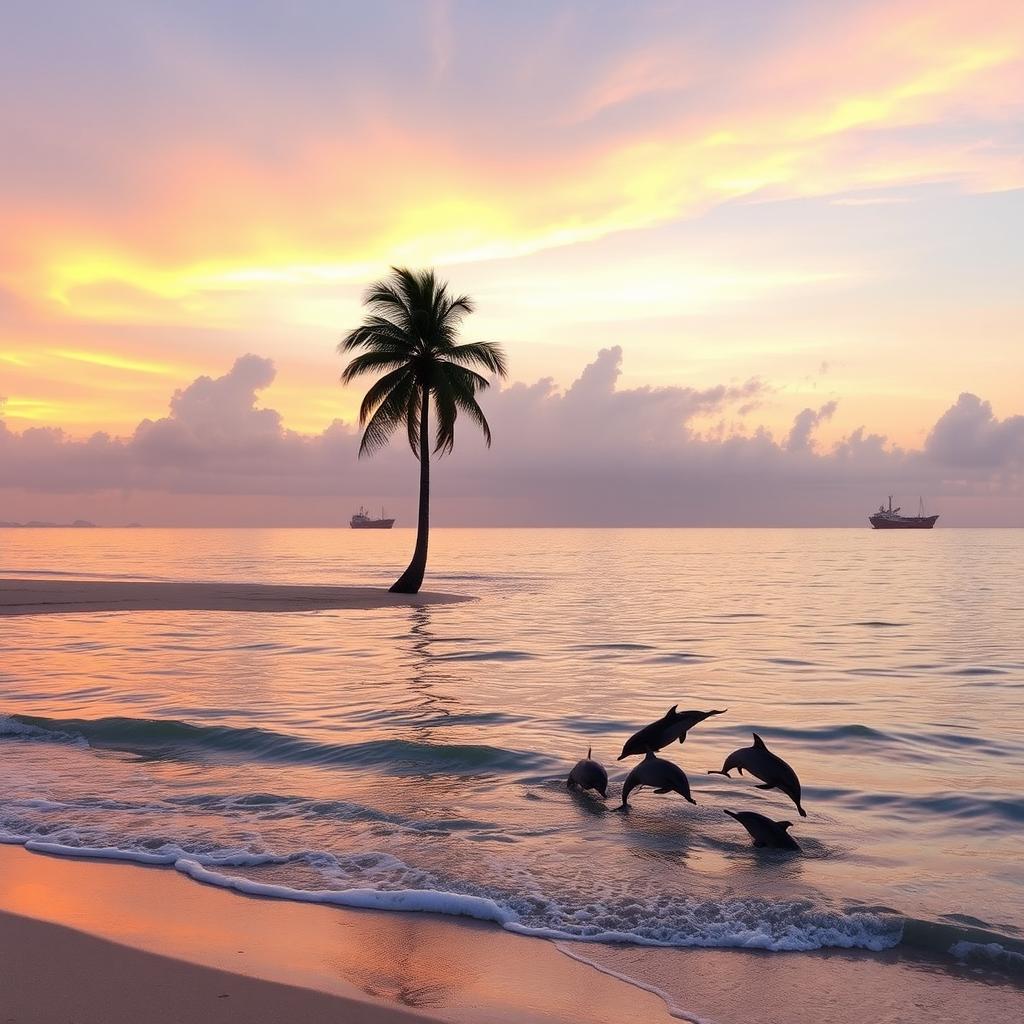 A serene sunset over a calm ocean, with gentle waves lapping at the shore