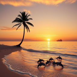 A serene sunset over a calm ocean, with gentle waves lapping at the shore