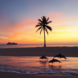 A serene sunset over a calm ocean, with gentle waves lapping at the shore