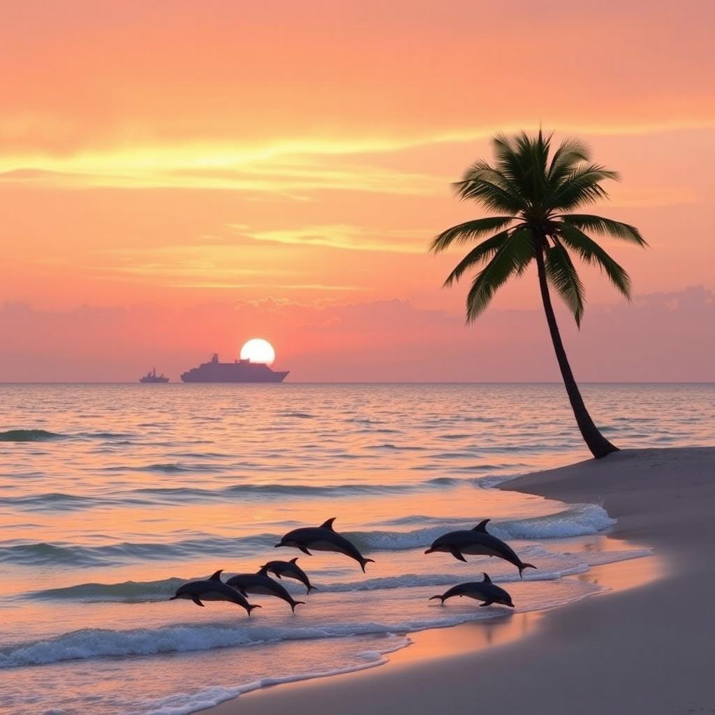 A serene sunset over a calm ocean, with gentle waves lapping at the shore