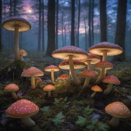 An enchanting forest at twilight, filled with luminous, multi-hued mushrooms and glistening dew on the leaves, under a star-filled sky.