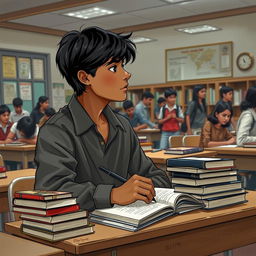 A fair brown-skinned boy with medium-length black hair and masculine features sits at his desk in a 9th standard classroom