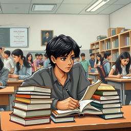 A fair brown-skinned boy with medium-length black hair and masculine features sits at his desk in a 9th standard classroom