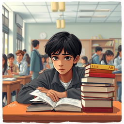 A fair brown-skinned boy with medium-length black hair and masculine features sits at his desk in a 9th standard classroom