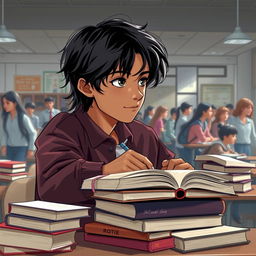 A fair brown-skinned boy with medium-length black hair and masculine features sits at his desk in a 9th standard classroom