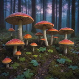 An enchanting forest at twilight, filled with luminous, multi-hued mushrooms and glistening dew on the leaves, under a star-filled sky.