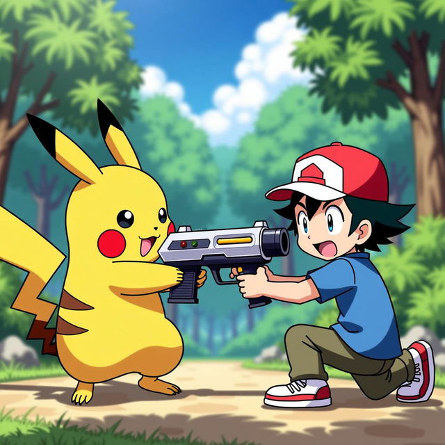 Pikachu wielding a futuristic toy gun, playfully aiming at Ash Ketchum in a friendly, cartoonish setting