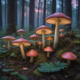 An enchanting forest at twilight, filled with luminous, multi-hued mushrooms and glistening dew on the leaves, under a star-filled sky.