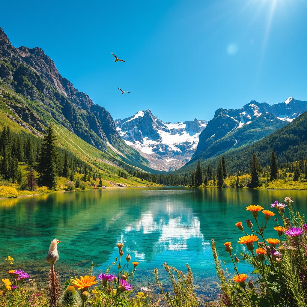 An enchanting landscape featuring a crystal-clear lake surrounded by lush, vibrant greenery under a clear blue sky