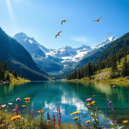 An enchanting landscape featuring a crystal-clear lake surrounded by lush, vibrant greenery under a clear blue sky