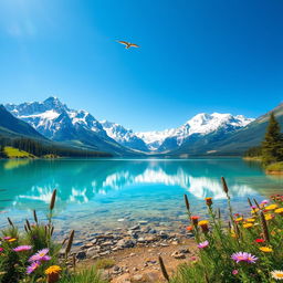 An enchanting landscape featuring a crystal-clear lake surrounded by lush, vibrant greenery under a clear blue sky