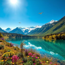 An enchanting landscape featuring a crystal-clear lake surrounded by lush, vibrant greenery under a clear blue sky