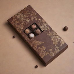 An avant-garde, unique chocolate packaging design with beautiful embellishments and earthy colour scheme.