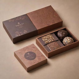 An avant-garde, unique chocolate packaging design with beautiful embellishments and earthy colour scheme.