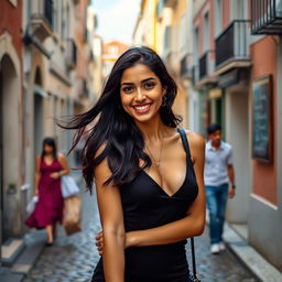 A beautiful Bengali girl in her 20s, wearing a stylish, short sexy dress, exploring the charming streets of Lisbon