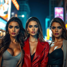 A scene depicting attractive women with confident demeanors, dressed in stylish, modern outfits, set against a vibrant urban background at night