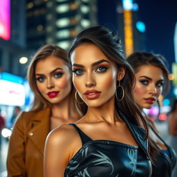 A scene depicting attractive women with confident demeanors, dressed in stylish, modern outfits, set against a vibrant urban background at night