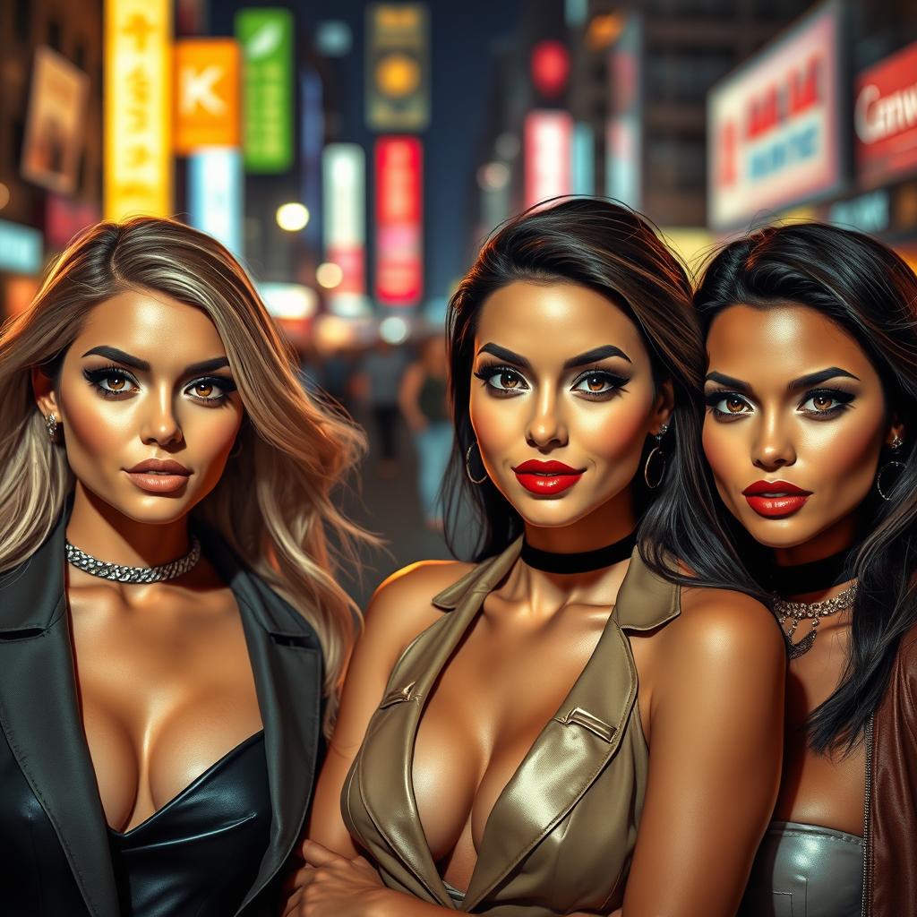 A scene depicting attractive women with confident demeanors, dressed in stylish, modern outfits, set against a vibrant urban background at night