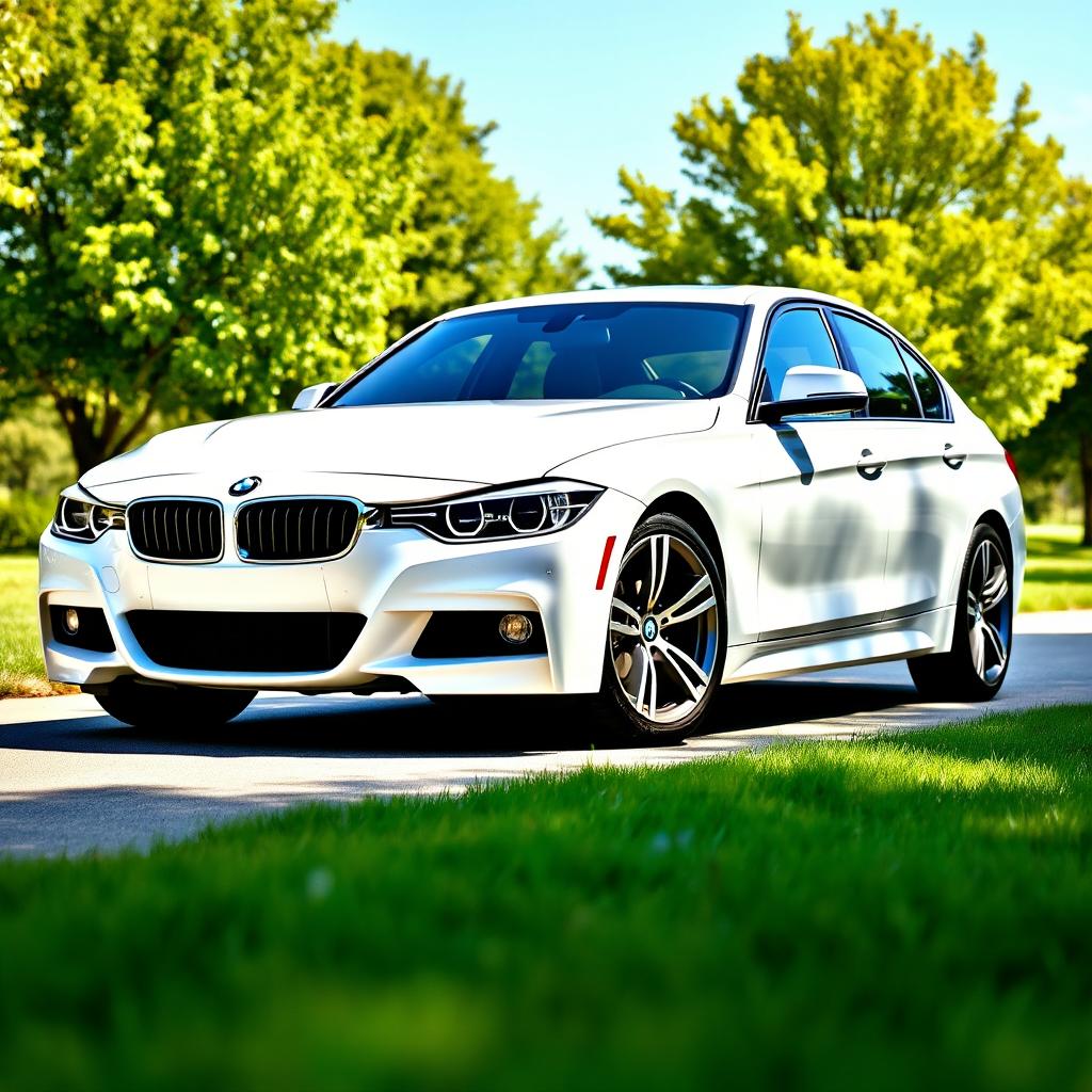 A white BMW 318i from F30 series parked in a pristine, idyllic setting