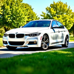 A white BMW 318i from F30 series parked in a pristine, idyllic setting