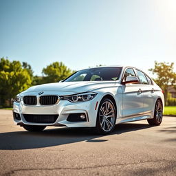 A white BMW 318i from F30 series parked in a pristine, idyllic setting