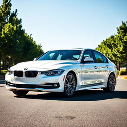 A white BMW 318i from F30 series parked in a pristine, idyllic setting