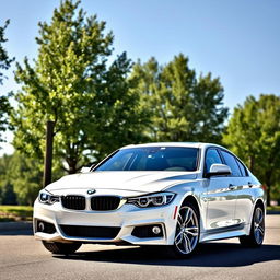 A white BMW 318i from F30 series parked in a pristine, idyllic setting