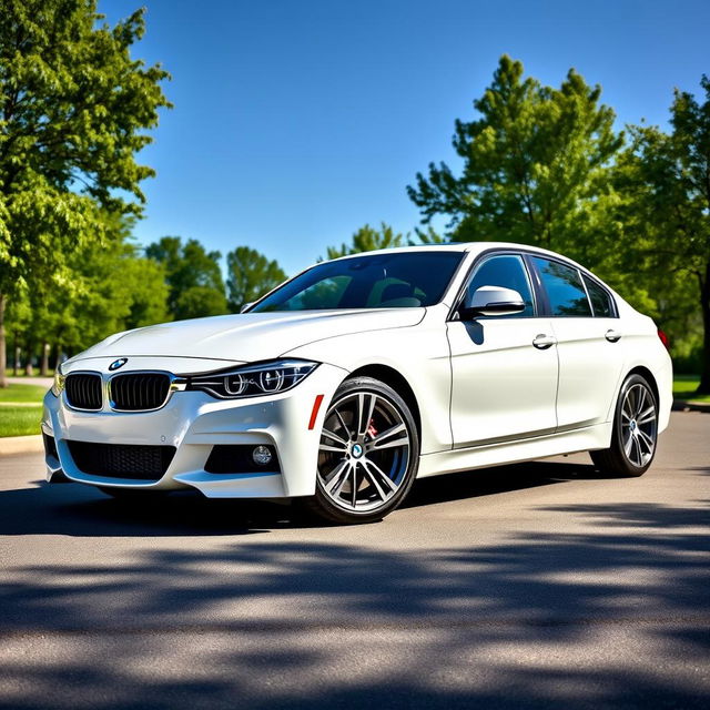 A white BMW 318i from F30 series parked in a pristine, idyllic setting, featuring vibrant green calipers