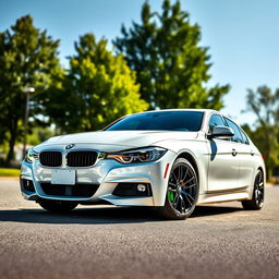 A white BMW 318i from F30 series parked in a pristine, idyllic setting, featuring vibrant green calipers