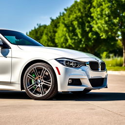 A white BMW 318i from F30 series parked in a pristine, idyllic setting, featuring vibrant green calipers