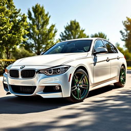 A white BMW 318i from F30 series parked in a pristine, idyllic setting, featuring vibrant green calipers