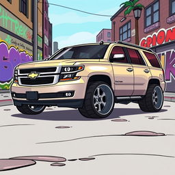 A 2016 Chevrolet Tahoe with a custom low dropped suspension, depicted in a vibrant cartoon style