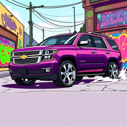 A 2016 Chevrolet Tahoe with a custom low dropped suspension, depicted in a vibrant cartoon style