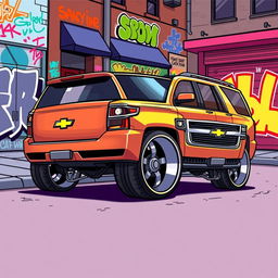 A 2016 Chevrolet Tahoe with a custom low dropped suspension, depicted in a vibrant cartoon style