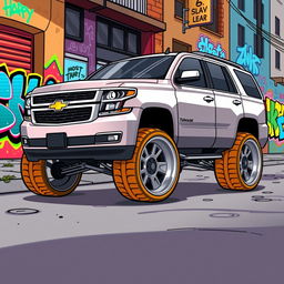 A 2016 Chevrolet Tahoe with a custom low dropped suspension, depicted in a vibrant cartoon style