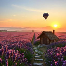 A serene landscape at sunrise with a vast expanse of lavender fields stretching towards the horizon