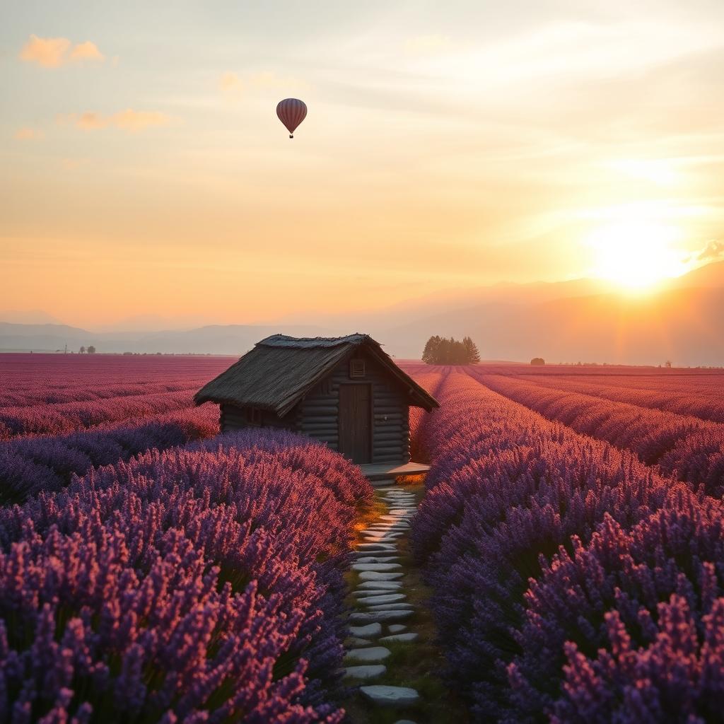 A serene landscape at sunrise with a vast expanse of lavender fields stretching towards the horizon