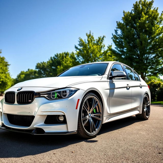 A white BMW 318i from F30 series parked in a pristine, idyllic setting, featuring vibrant green calipers, a sleek black spoiler, and stylish black side skirts