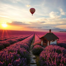 A serene landscape at sunrise with a vast expanse of lavender fields stretching towards the horizon