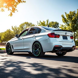 A white BMW 318i from F30 series parked in a pristine, idyllic setting, featuring vibrant green calipers, a sleek black spoiler, and stylish black side skirts