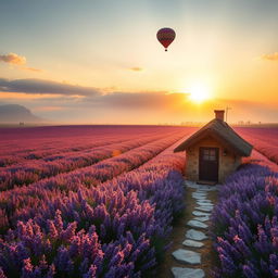 A serene landscape at sunrise with a vast expanse of lavender fields stretching towards the horizon