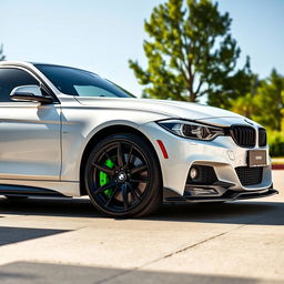 A white BMW 318i from F30 series parked in a pristine, idyllic setting, featuring vibrant green calipers, a sleek black spoiler, and stylish black side skirts