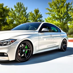 A white BMW 318i from F30 series parked in a pristine, idyllic setting, featuring vibrant green calipers, a sleek black spoiler, and stylish black side skirts