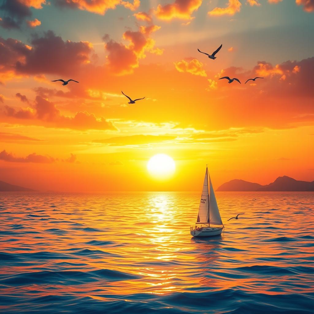 A majestic, golden sunset over a serene, crystal-clear ocean