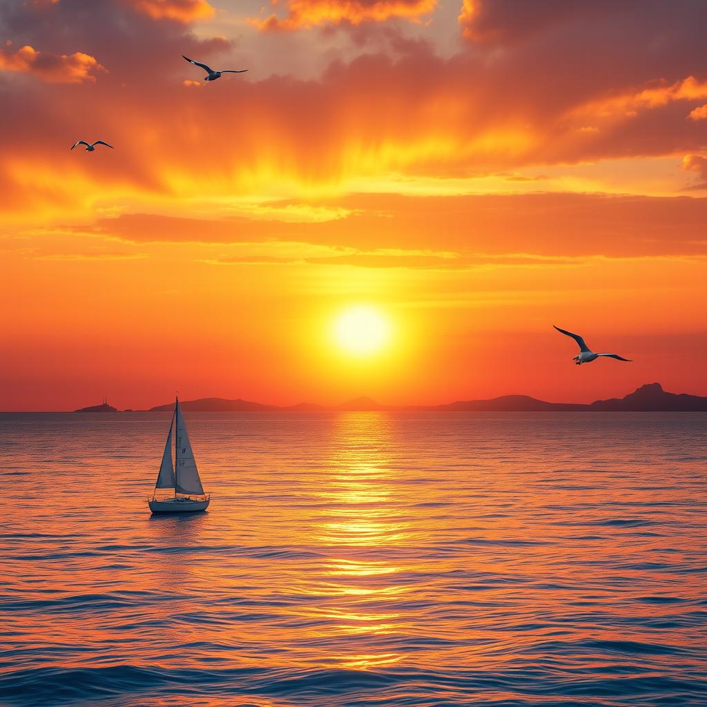 A majestic, golden sunset over a serene, crystal-clear ocean