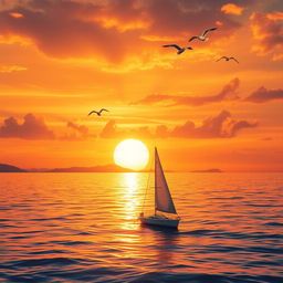 A majestic, golden sunset over a serene, crystal-clear ocean