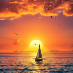 A majestic, golden sunset over a serene, crystal-clear ocean