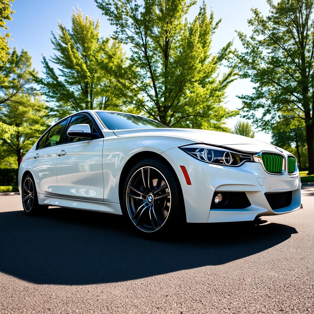 A white 2016 BMW 318i from F30 series parked in a pristine, idyllic setting, featuring vibrant green calipers