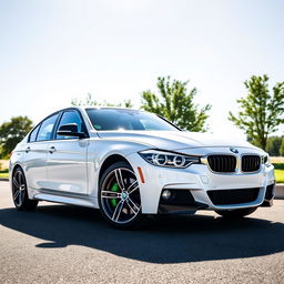 A white 2016 BMW 318i from F30 series parked in a pristine, idyllic setting, featuring vibrant green calipers